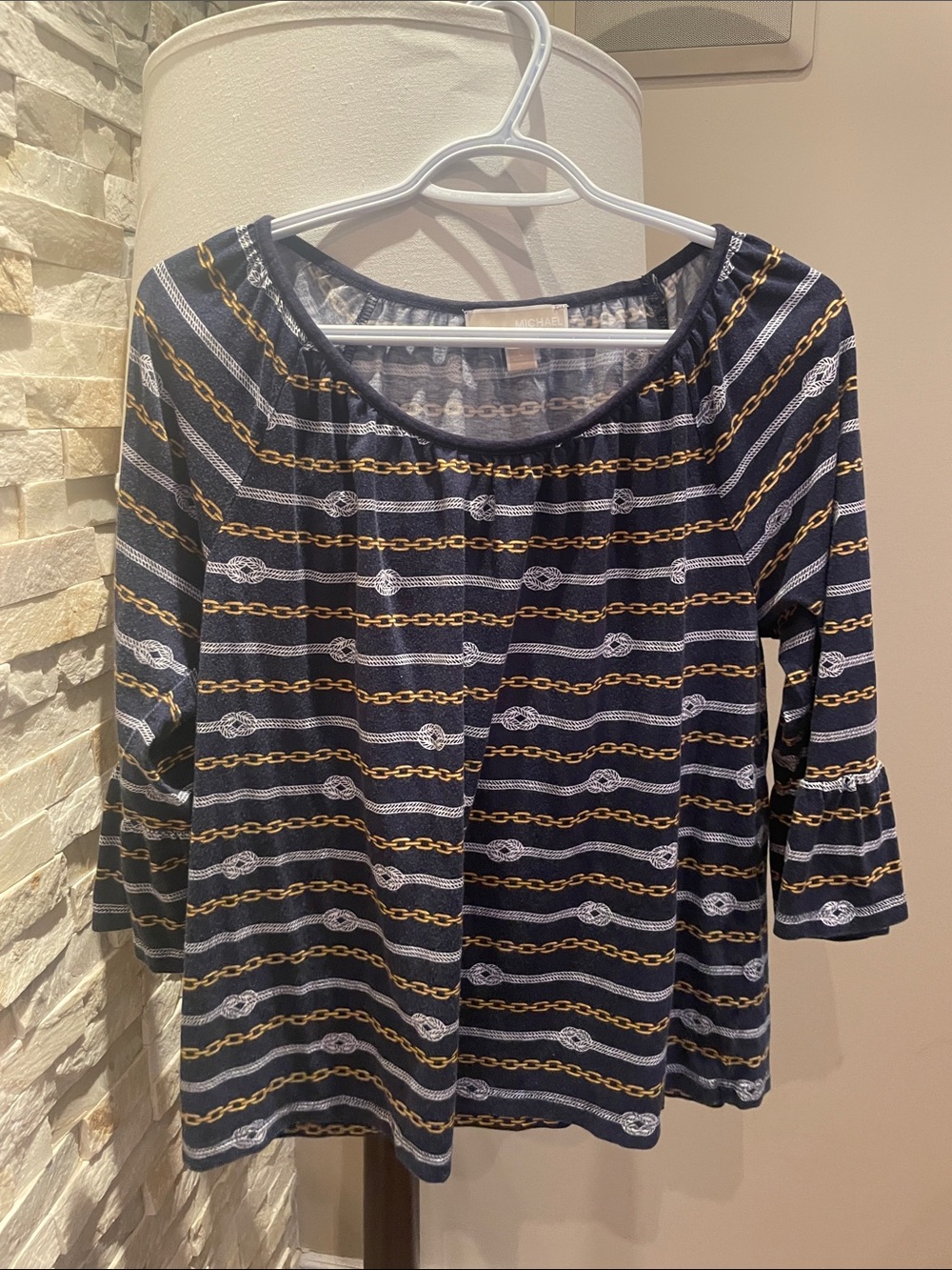 5/$25 Michael Kors Navy Chain-Print Tunic Top with Gold & White Accents